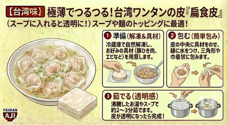 【台湾味】極薄でつるつる!台湾ワンタンの皮「扁食皮」(スープに入れると透明に!)