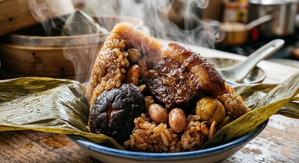 竹の葉を開いた瞬間、ツヤツヤの糯米と大きな豚角煮が顔を出す台湾味の台湾ちまき(肉粽)