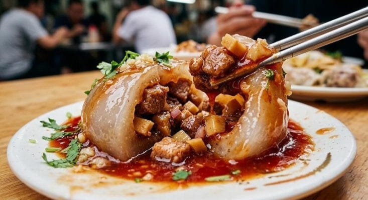 特製のとろみ甘辛ダレがたっぷりかかった、ぷるぷるもっちり食感の肉圓（バーワン）の断面