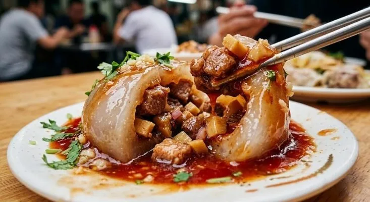 特製のとろみ甘辛ダレがたっぷりかかった、ぷるぷるもっちり食感の肉圓（バーワン）の断面