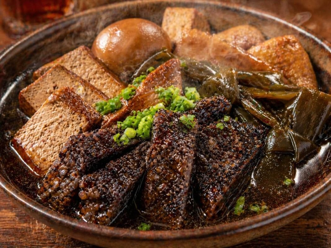 湯気が立ち上る熱々の台湾風おでん(滷味)。特製スープの旨味をたっぷり吸い込んだもちもち食感の米血糕(ミーシュエガオ)、煮卵、豆干、昆布の盛り合わせ。