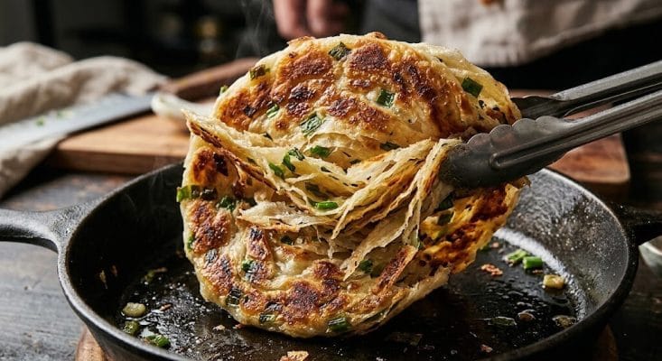 幾重にも重なるサクサクの層が食欲をそそる、台湾味の葱抓餅（台湾ネギパイ）