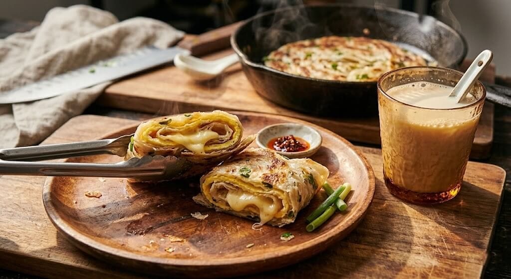 卵とチーズを巻き込んだアレンジ葱抓餅と豆乳で楽しむ、台湾の朝食風景