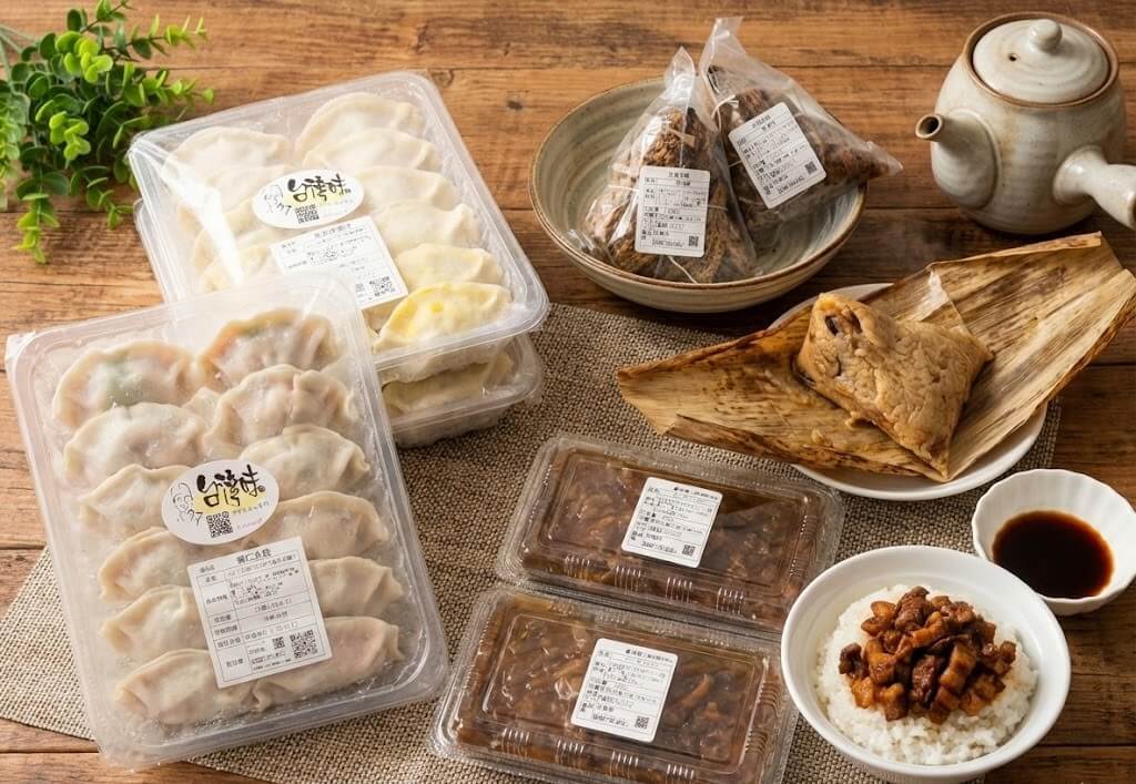 静岡市ふるさと納税の返礼品、「台灣味」の台湾グルメセット(冷凍水餃子、台灣肉ちまき、魯肉飯)。木目調のテーブルに茶器や醤油と共に並べられた美味しそうな料理の集合写真。