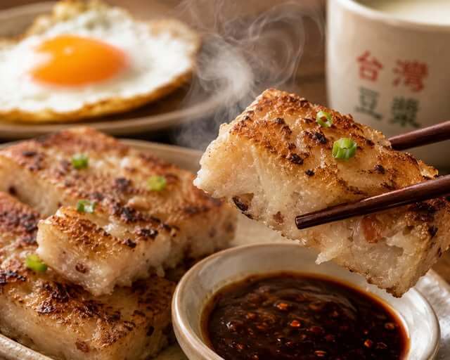 箸で持ち上げた香ばしい大根餅。こんがり焼けた表面と、もちもちした断面が見え、湯気が立ち上る台湾風朝食の一皿。