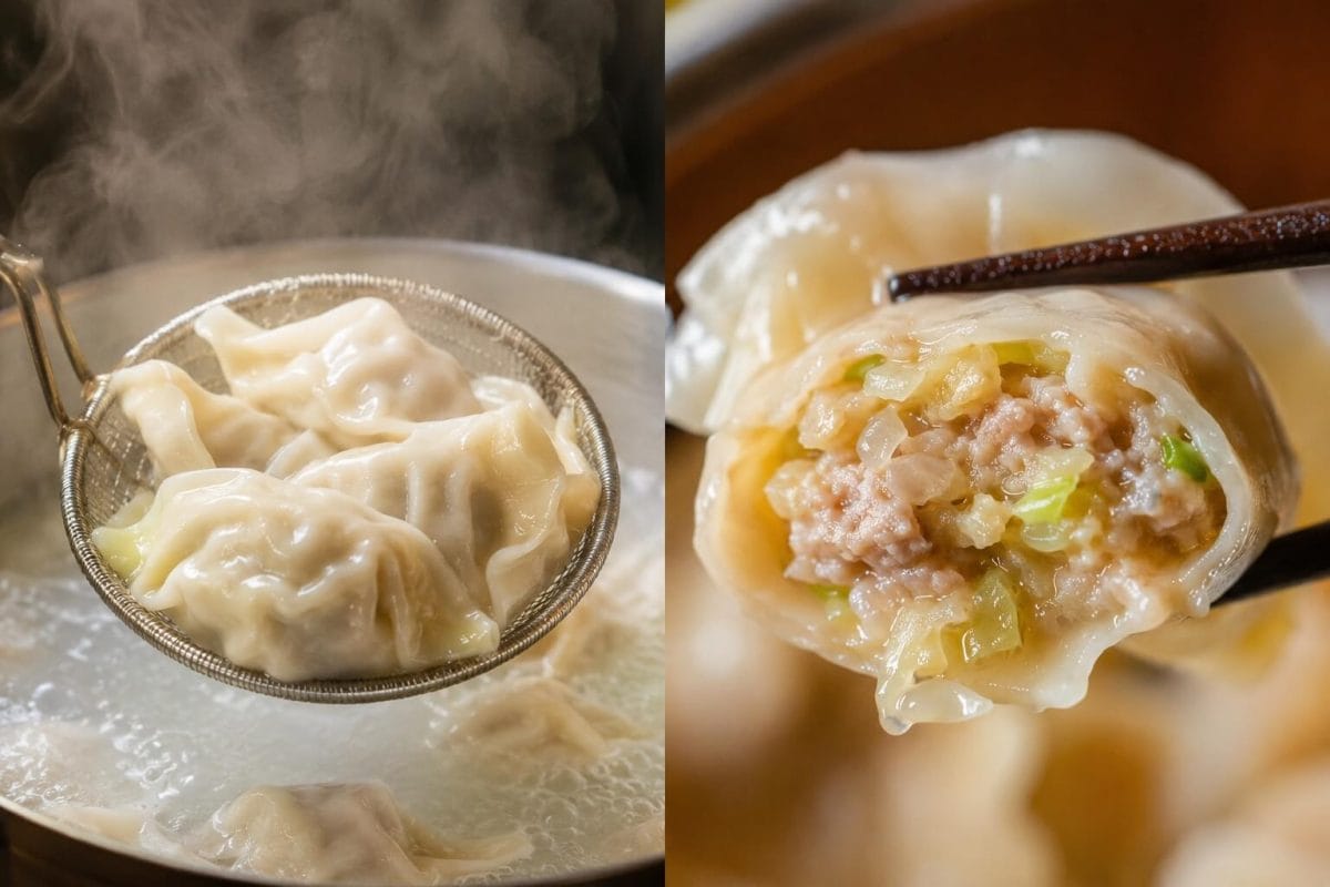 湯気が立ち上る熱々の鍋から網杓子ですくい上げた台湾水餃子と、箸で割った瞬間に肉汁とキャベツがあふれる水餃子のクローズアップ写真。