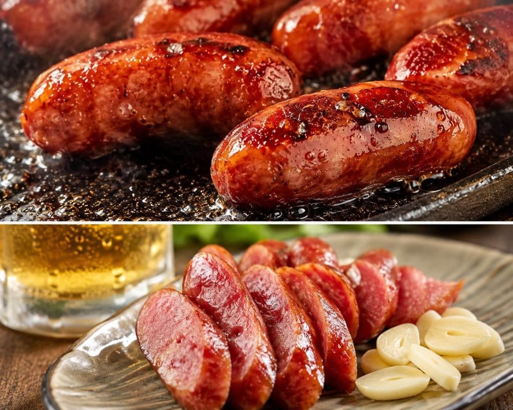 フライパンで香ばしく焼かれた台湾香腸から肉汁があふれ、下段には斜め切りの香腸と生にんにく、冷えたビールが並ぶ食欲をそそる一枚。