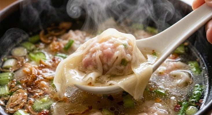 通販でお取り寄せ！お湯で茹でるだけで極薄皮から豚肉の旨味が透けて見える、台湾味の冷凍・本格台湾ワンタン（扁食）