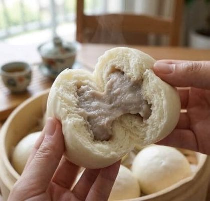両手で半分に割ったホカホカのタロイモまんじゅう。中から自然な薄紫色のタロイモ餡があふれ、湯気が立ち上っている。背景には木のせいろと台湾茶器。