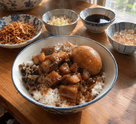 八角なしで作る本格ルーローハン（魯肉飯）のレシピと材料。フライドエシャロットなどの調味料と、トロトロに煮込まれた豚肉をご飯にかけた絶品の完成品