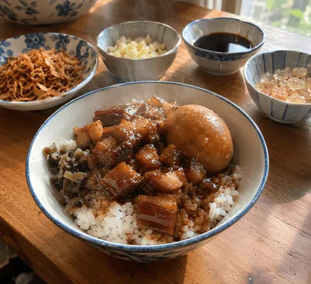 八角なしで作る本格ルーローハン（魯肉飯）のレシピと材料。フライドエシャロットなどの調味料と、トロトロに煮込まれた豚肉をご飯にかけた絶品の完成品