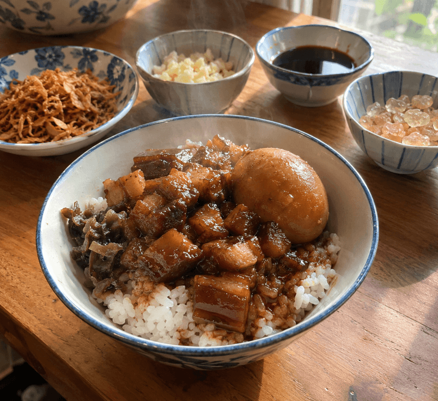 八角なしで作る本格ルーローハン(魯肉飯)のレシピと材料。フライドエシャロットなどの調味料と、トロトロに煮込まれた豚肉をご飯にかけた絶品の完成品